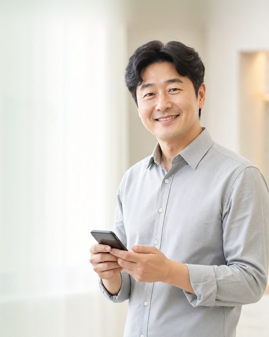 다음머니 카드할부현금화 휴대폰을 손에 들고 웃는 고객